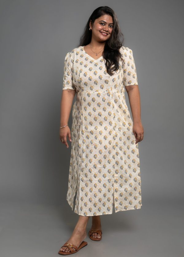 Handblock Print Midi Dress with Front Slits - Image 2